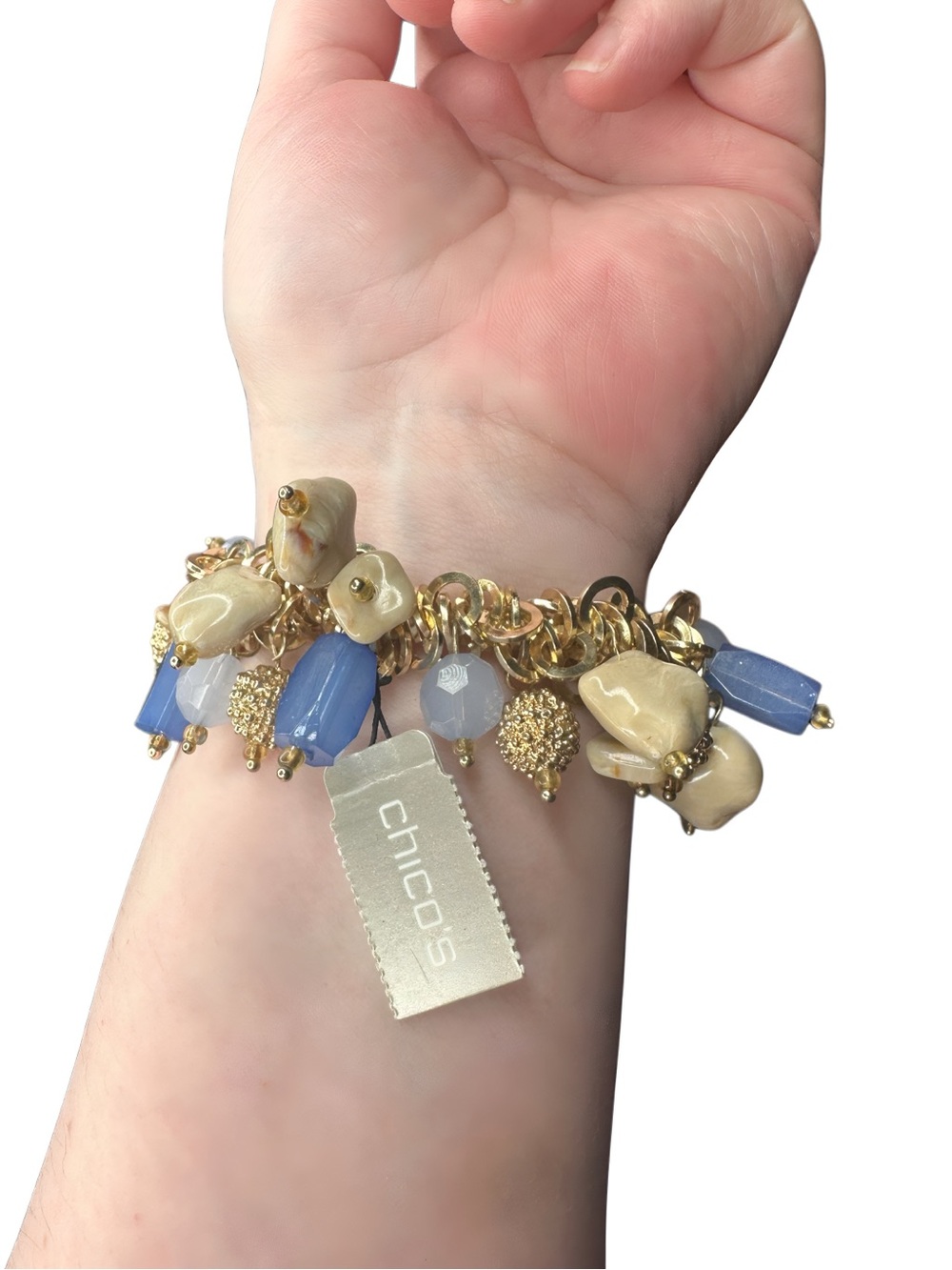 Chico's Gold Charm Bracelet with Blue and Cream Beads - Picture 2 of 3
